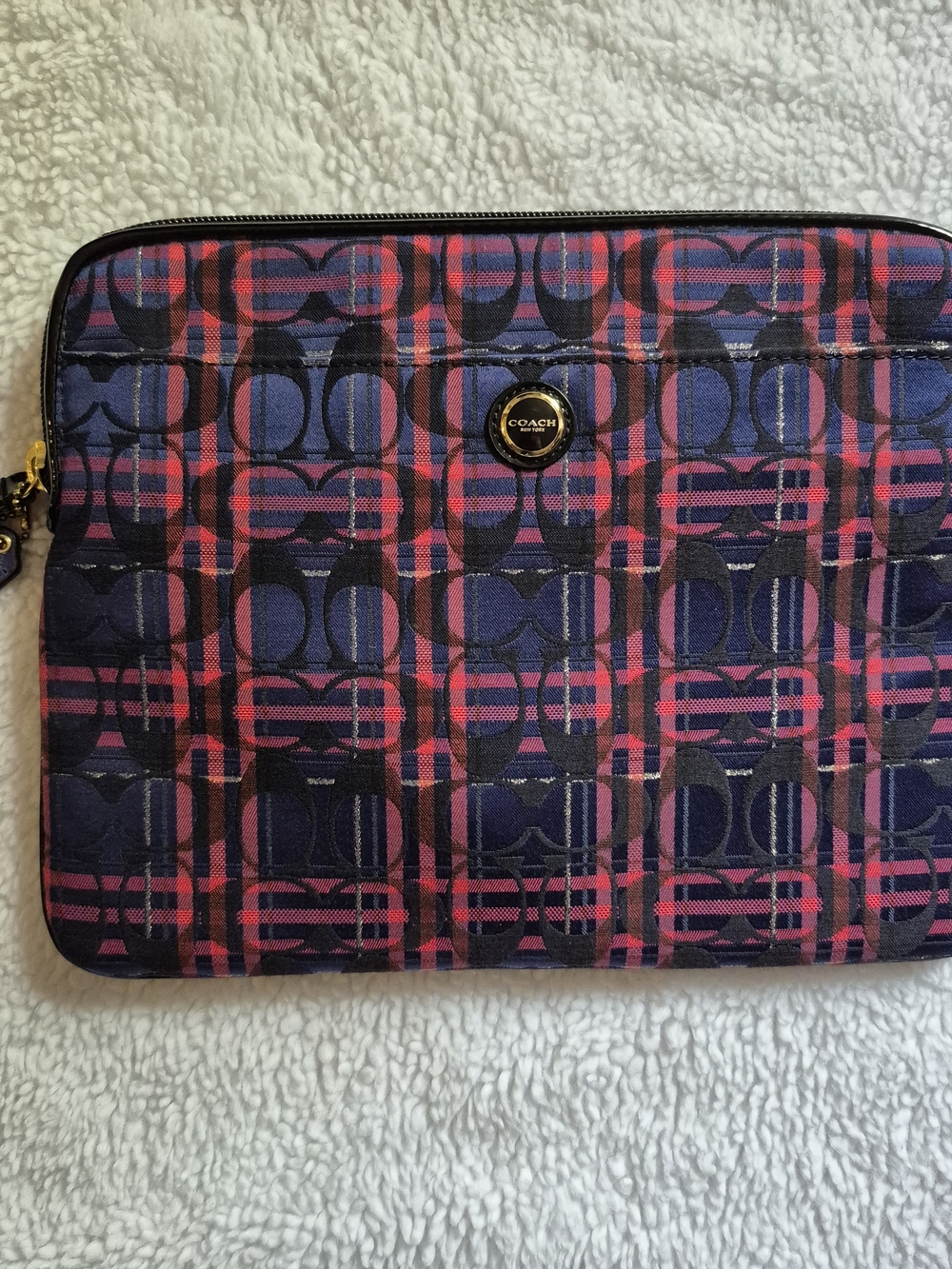 Coach Navy Red Black Signature Plaid Laptop Sleeve Ipad Like New Tartin Vintage